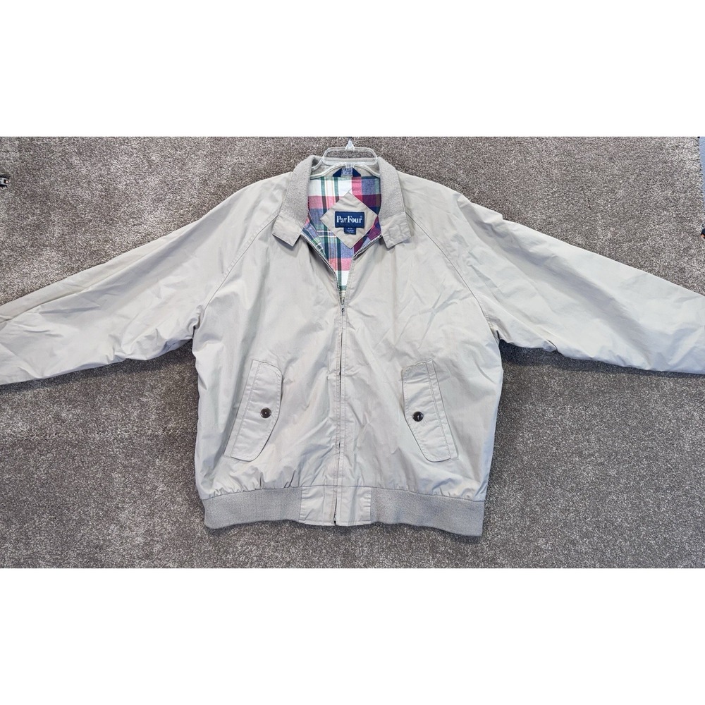Vintage Par Four‎ Jacket Mens XL Beige 80s Bomber Flannel Lined Full Zip Golf